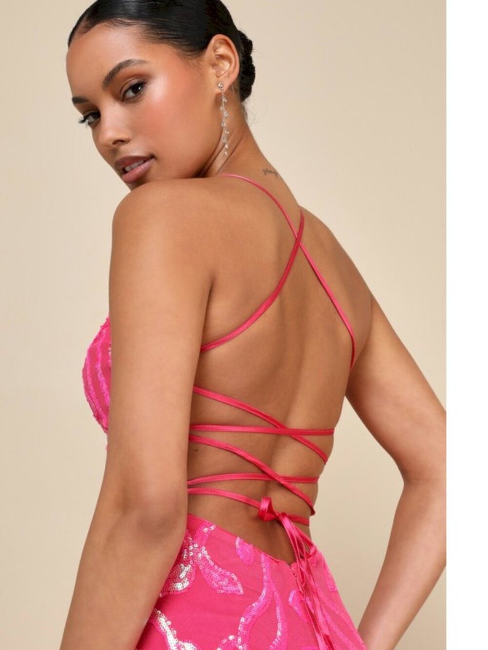 Lulus Perfect Enchantment Hot Pink Sequin Lace-Up Mermaid Maxi Dress Medium New - Picture 2 of 7